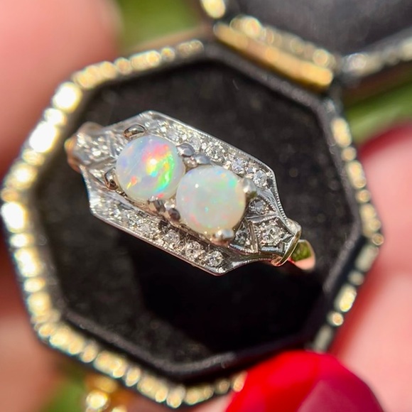 Vintage Jewelry - *Sold* Vintage Estate 14k Yellow and White Gold Moi et Toi Opal Diamond Ring
